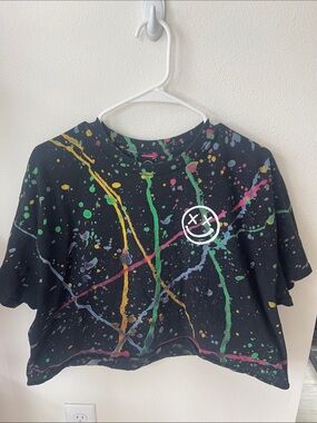 Salty Savage Black Paint-Splatter Crop Tee with Smiley Graphic
